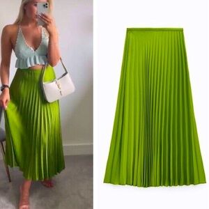 Zara Silky Green Pleated Midi Skirt